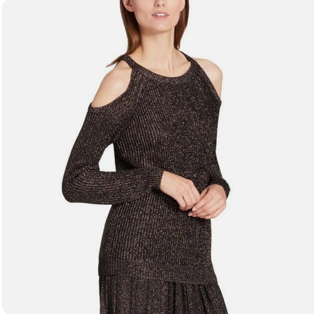 DKNY Cold Shoulder Knit Metallic Sweater Long Sleeve in Black Gold Size Medium